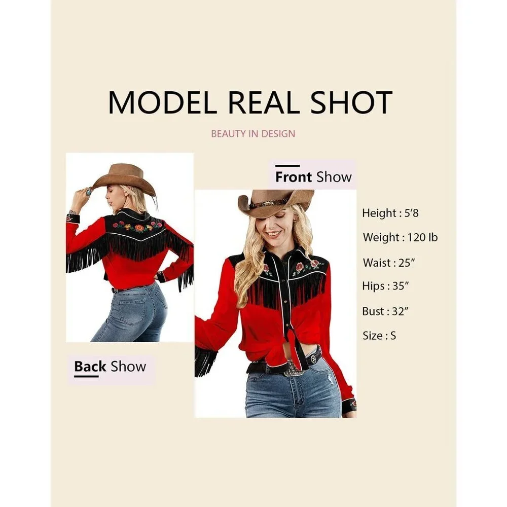 Women's Red Fringe Long Sleeve Floral Embroidered Button Down Blouse Shirts - Picture 5 of 5
